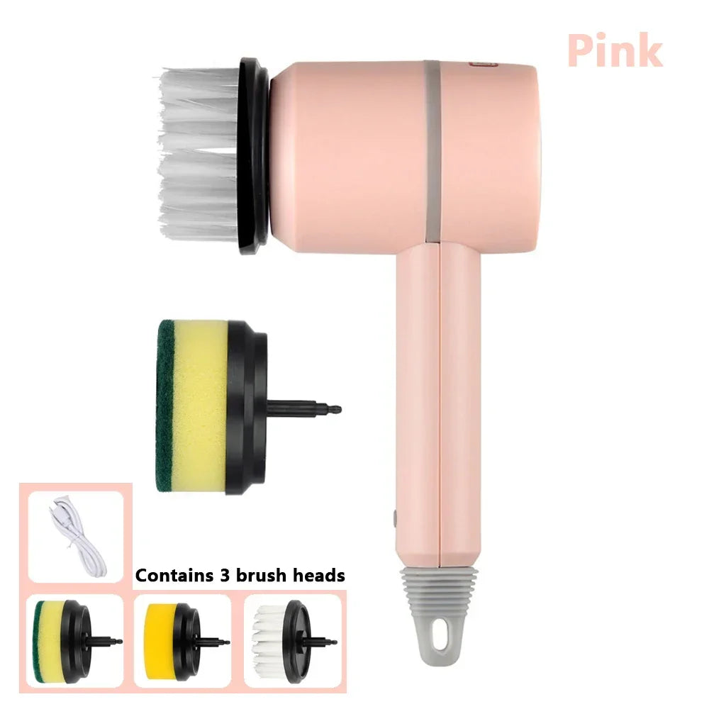 Multifunctional Electric Cleaning Brush Long Handle Replaceable Brush Heads USB Rechargeable Cleaner for Baby Bottle Dishes Bath